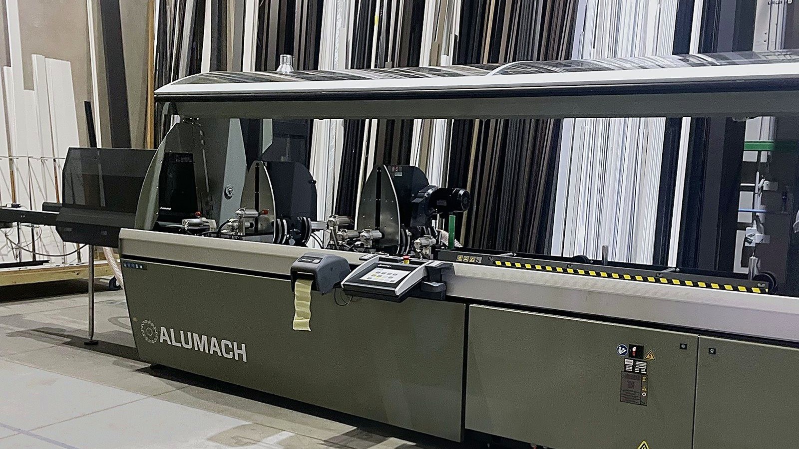 Emmegi Precision T2 EHS double mitre saw at CVD Commercial Glass